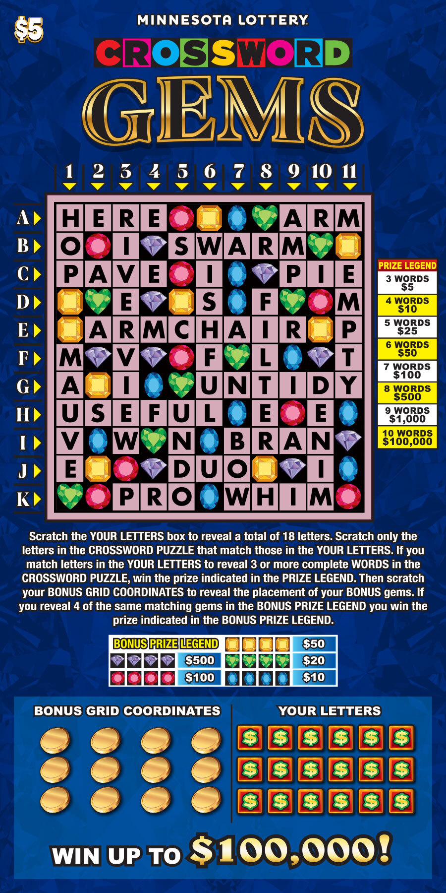 Crossword Gems Scratch Game Full Ticket Image