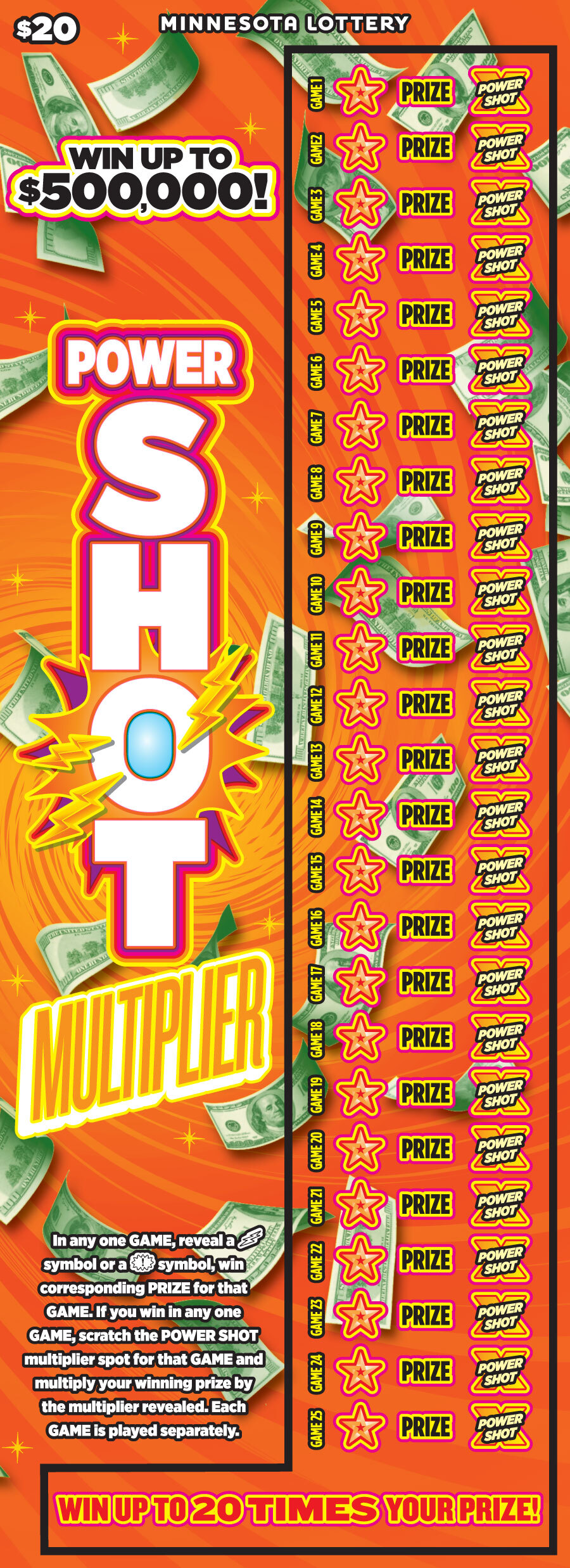 Power Shot Multiplier scratch game from Minnesota Lottery