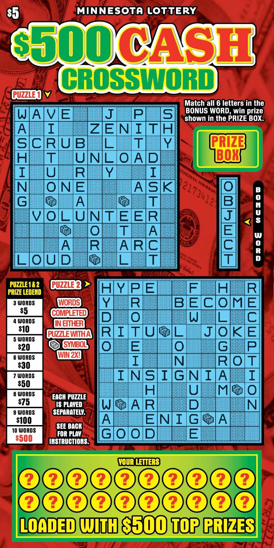 $500 Cash Crossword Full Scratch Ticket