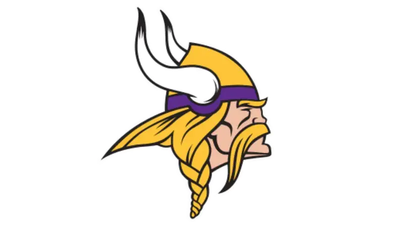 Stylized Viking head logo with yellow helmet, purple band, white horns, golden braids, and mustache, facing right.