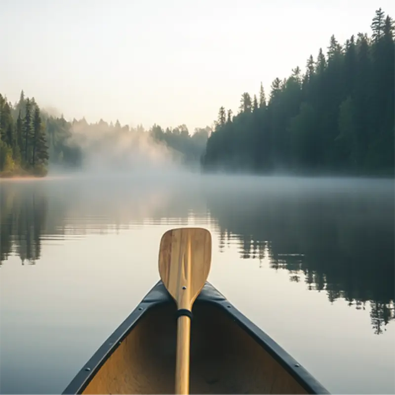 A canoe with a wooden paddle floats on a misty lake at sunrise, pine trees and soft light reflected in the calm water.
