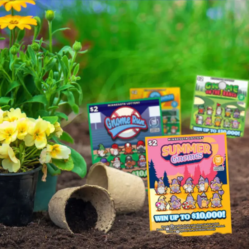 Gnome-themed Minnesota Lottery scratch-off tickets in garden soil with yellow flowers, overturned pots, and lush green plants. Prizes up to $10,000.