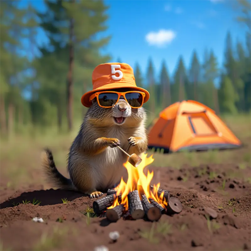 Cartoon beaver in orange sunglasses and a #5 hat roasts marshmallows by an orange tent in a forest.