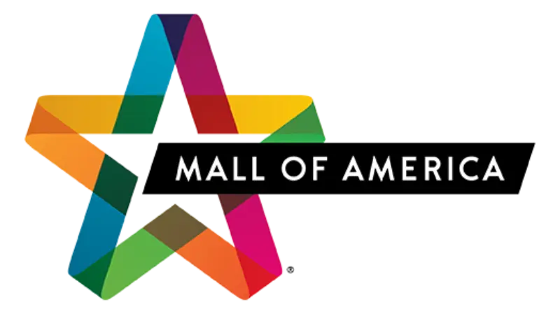 Mall of America logo: colorful star on left, overlapping segments; text "MALL OF AMERICA" in white caps on black background on right.