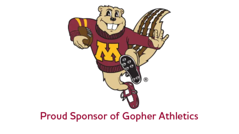 Cartoon gopher in maroon sweater with yellow "M" runs with football. Text: Proud Sponsor of Gopher Athletics.