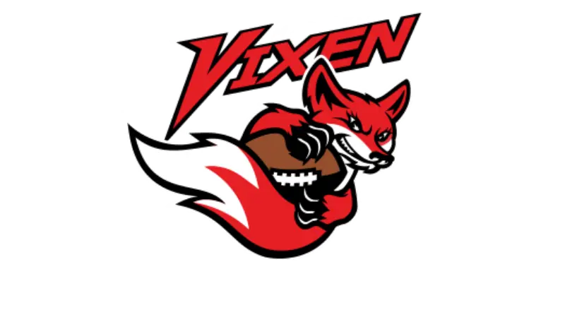Red fox logo with fierce expression and bushy tail, holding a football. Vixen in bold red letters above, conveying dynamic energy.