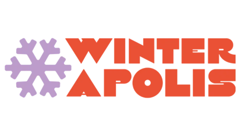 Purple snowflake left of bold orange “WINTER APOLIS” in all caps geometric font on white background.