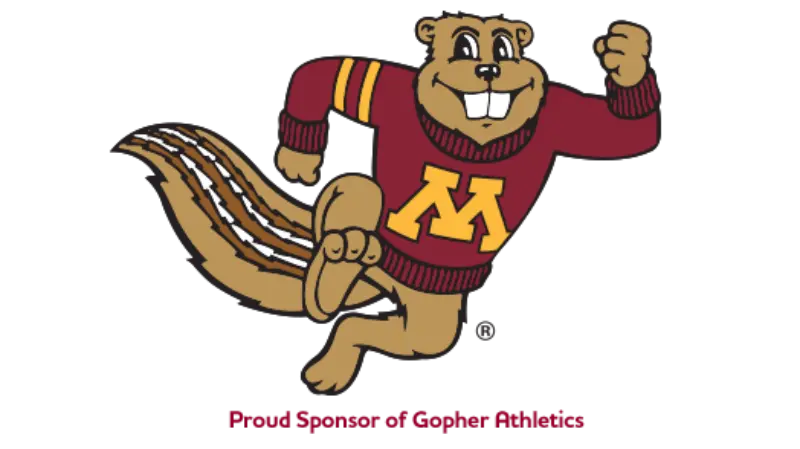 Cartoon gopher mascot in a maroon sweater with a gold "M" and striped sleeves, running energetically. Text: Proud Sponsor of Gopher Athletics.
