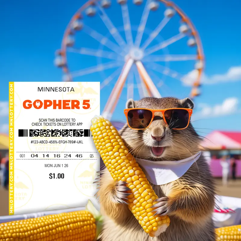Smiling gopher in orange sunglasses holds corn beside a Minnesota Gopher 5 ticket, with a Ferris wheel and fair tents behind.