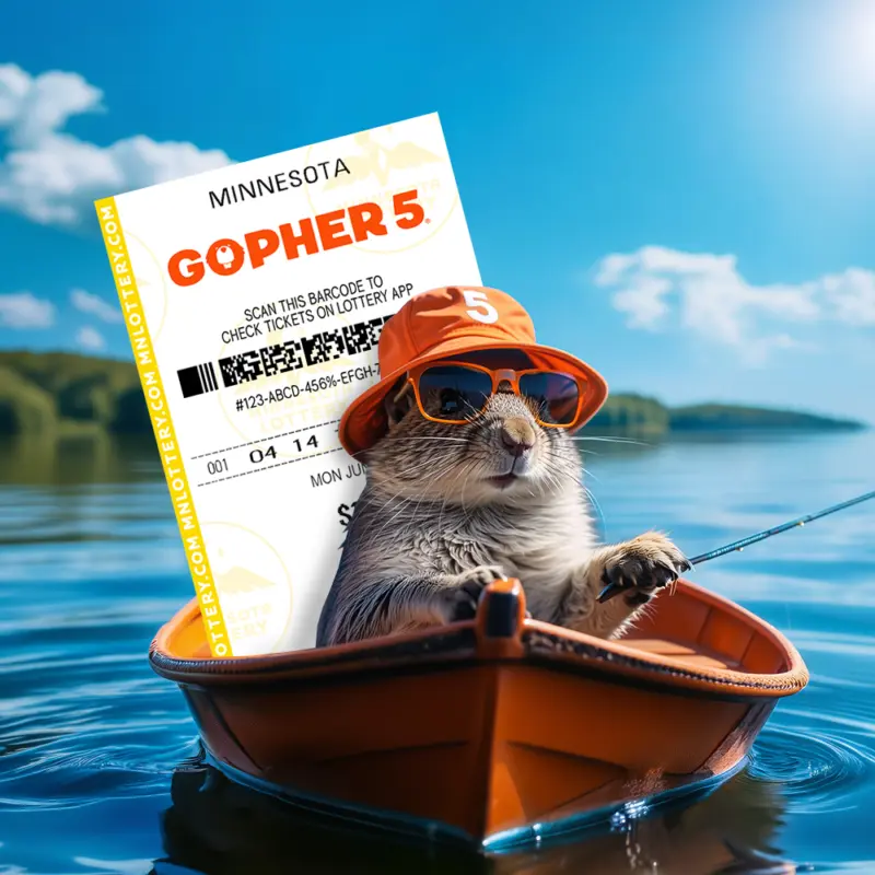 A gopher in sunglasses and an orange cap sits in a boat on a lake, holding a large Gopher 5 lottery ticket under sunny skies.