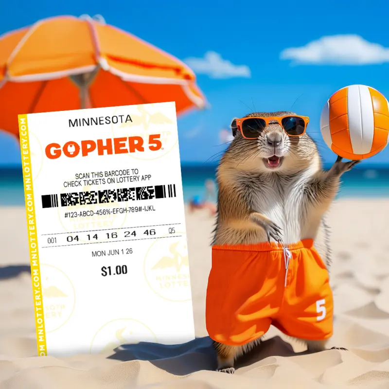 A gopher in orange shorts and sunglasses holds a volleyball on the beach with a Gopher 5 lottery ticket in the foreground.