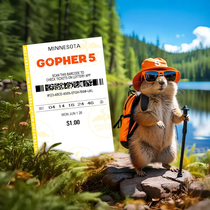 A gopher in sunglasses, cap, and backpack stands by a lake with a hiking pole beside a large Minnesota Gopher 5 lottery ticket.