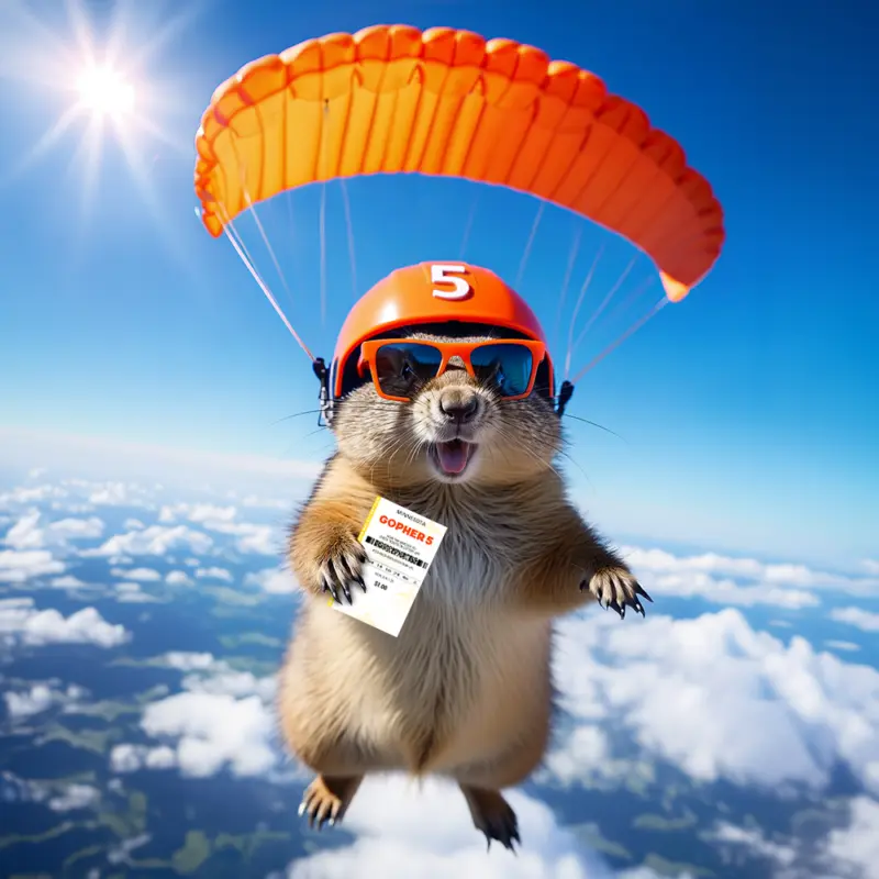 A smiling meerkat in an orange helmet skydives with sunglasses, holding a certificate and parachute against a blue sky and clouds.