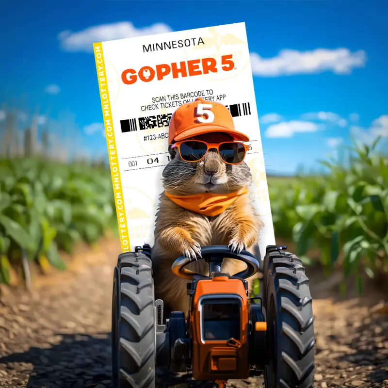 A gopher in sunglasses and a cap marked 5 drives a tractor, holding a large Minnesota Gopher 5 lottery ticket in a sunny field.