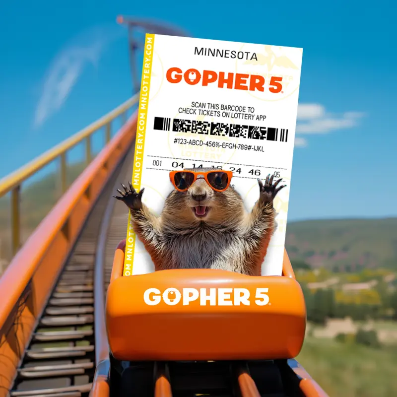 A gopher in orange sunglasses rides a roller coaster, holding a Minnesota Gopher 5 lottery ticket against a blue sky.