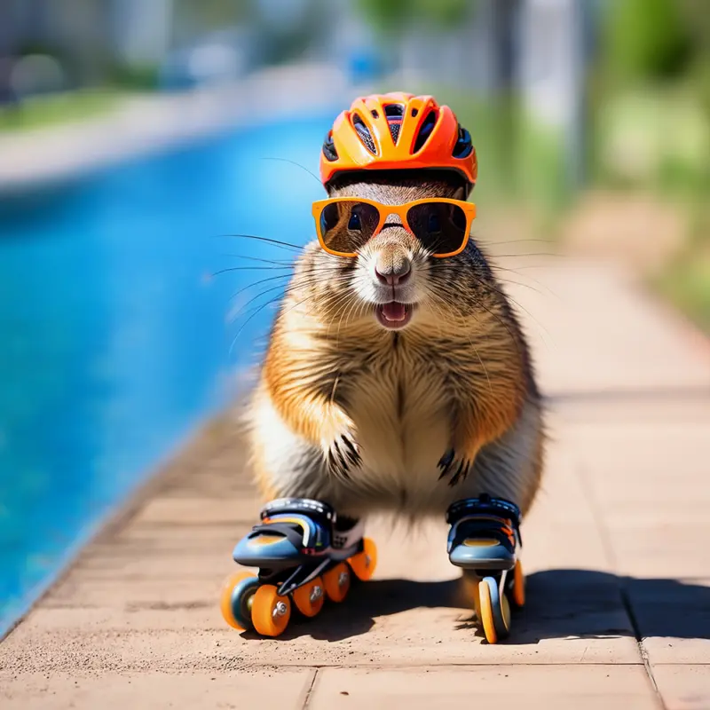 A cheerful rodent in an orange helmet and sunglasses roller skates by a blue pool, exuding fun and excitement.
