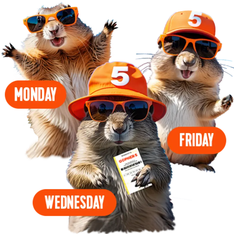 Three gophers in orange hats and sunglasses, numbered 5, represent Monday, Wednesday (with ticket), and Friday in orange bubbles.