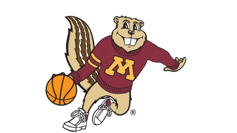 Cartoon gopher in maroon sweater with yellow M holds basketball, running. Text: "Proud Sponsor of Gopher Athletics.