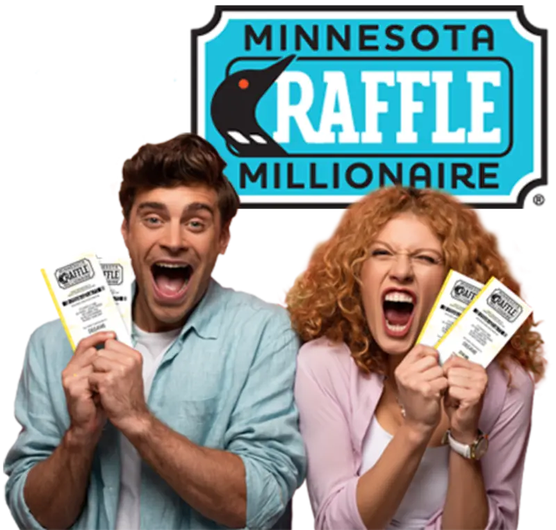 A man and woman smile, holding Minnesota Raffle Millionaire tickets in front of a large logo.