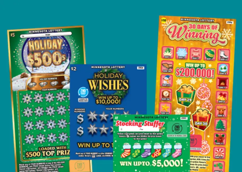 Four Minnesota Lottery holiday scratch-off tickets with snowflakes, ornaments, and stockings on a teal background; prizes highlighted.