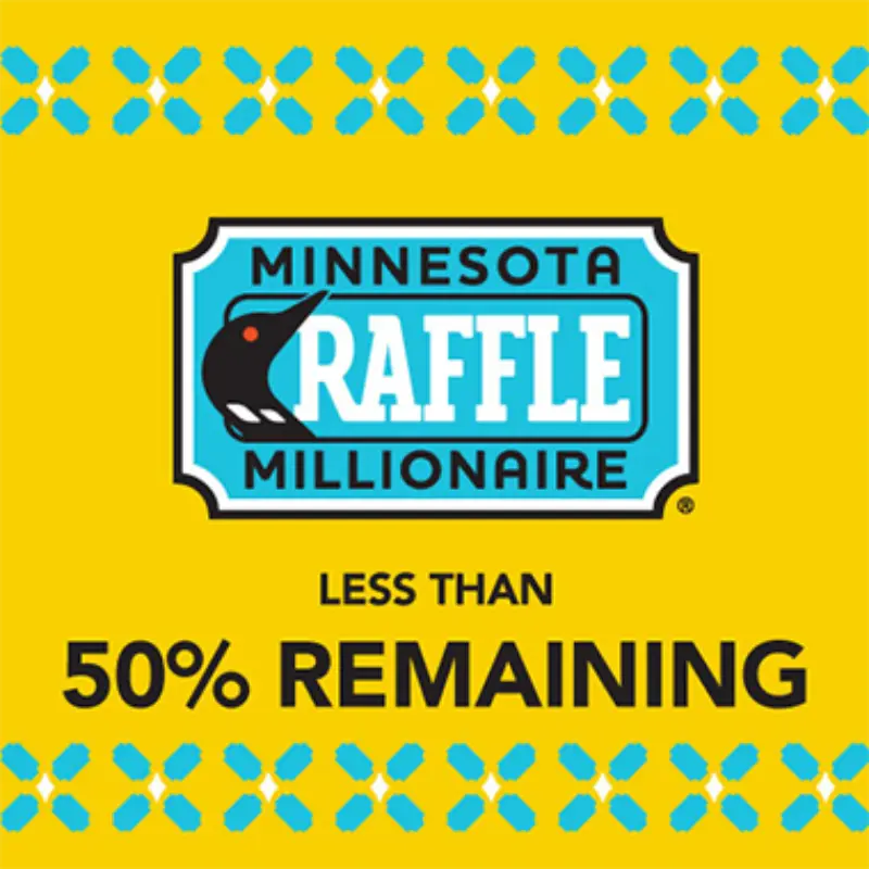 Yellow graphic with blue diamonds shows the Minnesota Millionaire Raffle logo and “Less Than 50% Remaining” in bold black and blue.