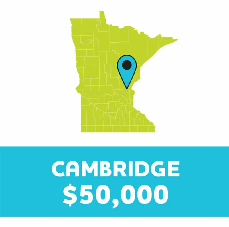 Minnesota map marked with a blue pin at Cambridge. Below, a blue banner displays "CAMBRIDGE $50,000" in white text, showcasing lottery excitement.