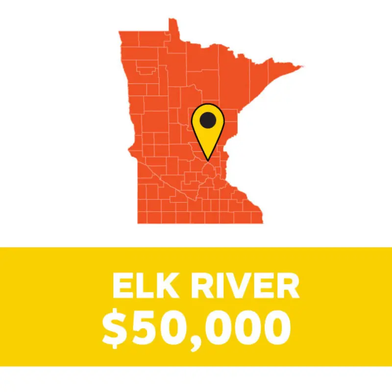 Minnesota map with yellow pin on Elk River; below, yellow text reads: ELK RIVER $50,000.