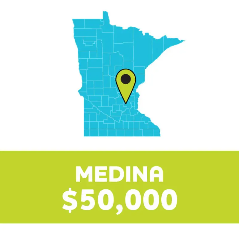 Minnesota map with Medina marked; below, green box displays MEDINA $50,000.