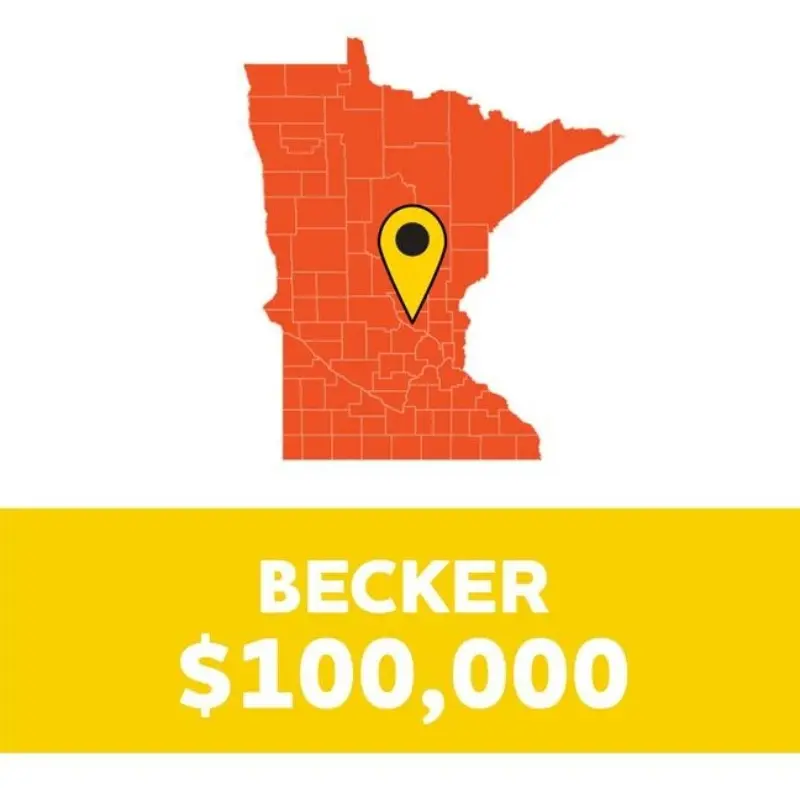 Yellow pin highlights Becker County on a red Minnesota map. Below, a yellow box reads: BECKER $100,000.