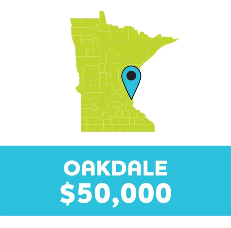 Minnesota map with a blue pin. Below, bold white text on blue reads: OAKDALE $50,000.