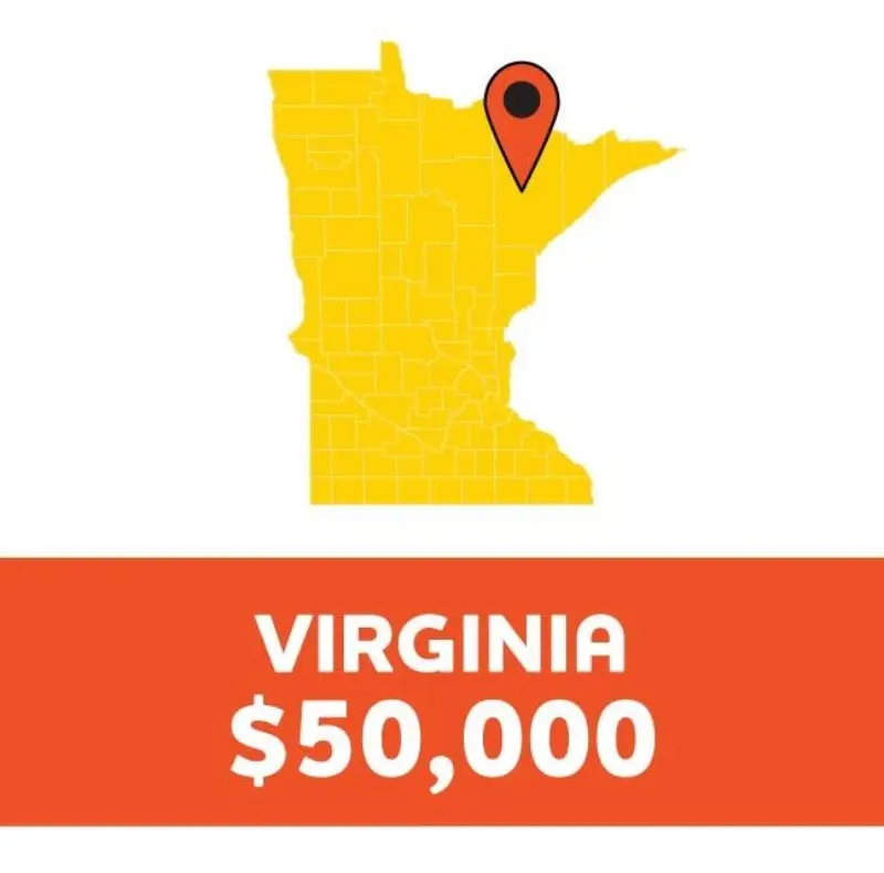Yellow Minnesota map with a northeast pin. Below, "VIRGINIA $50,000" is displayed on an orange background.