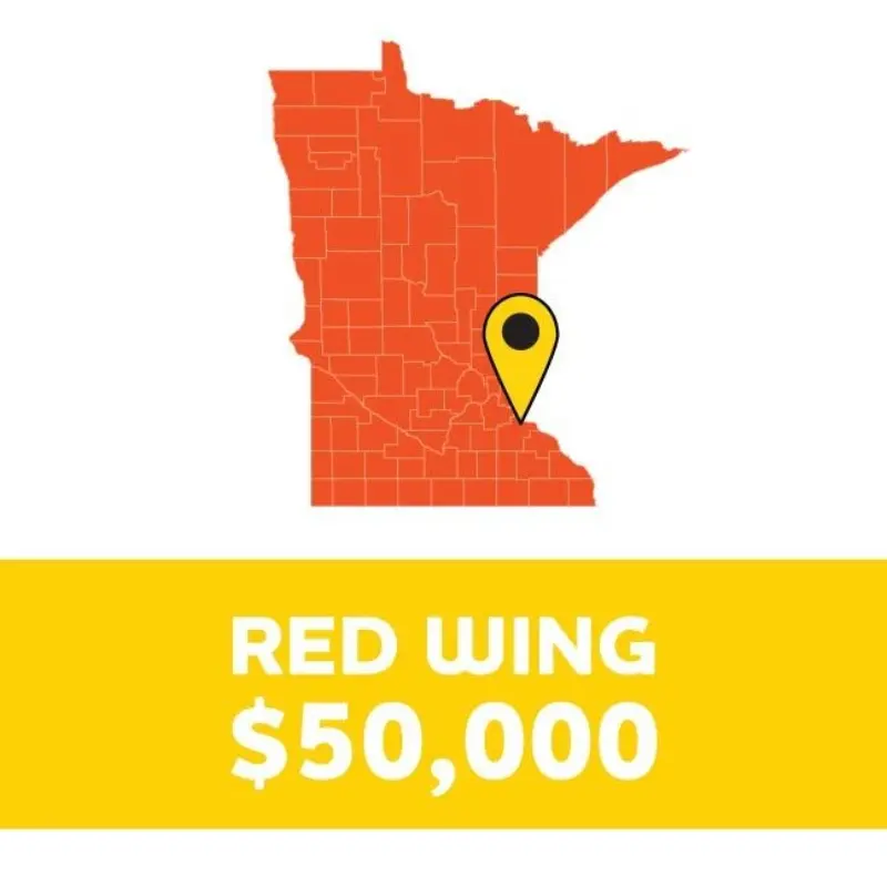 Minnesota map with a yellow pin on Red Wing; below, text on yellow reads: "RED WING $50,000.