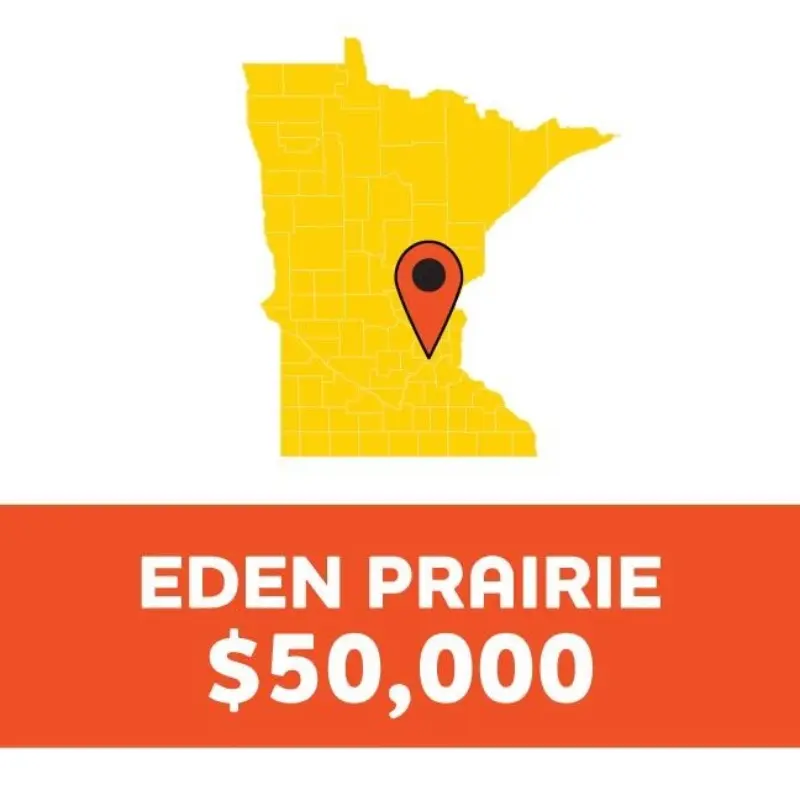 Minnesota map in yellow with red pin on Eden Prairie; bold white text on orange below: EDEN PRAIRIE $50,000.