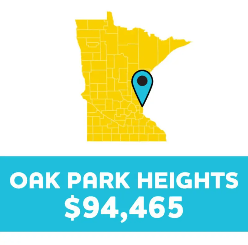 Yellow map of Minnesota featuring a blue location pin over Oak Park Heights, marking a $94,465 prize.