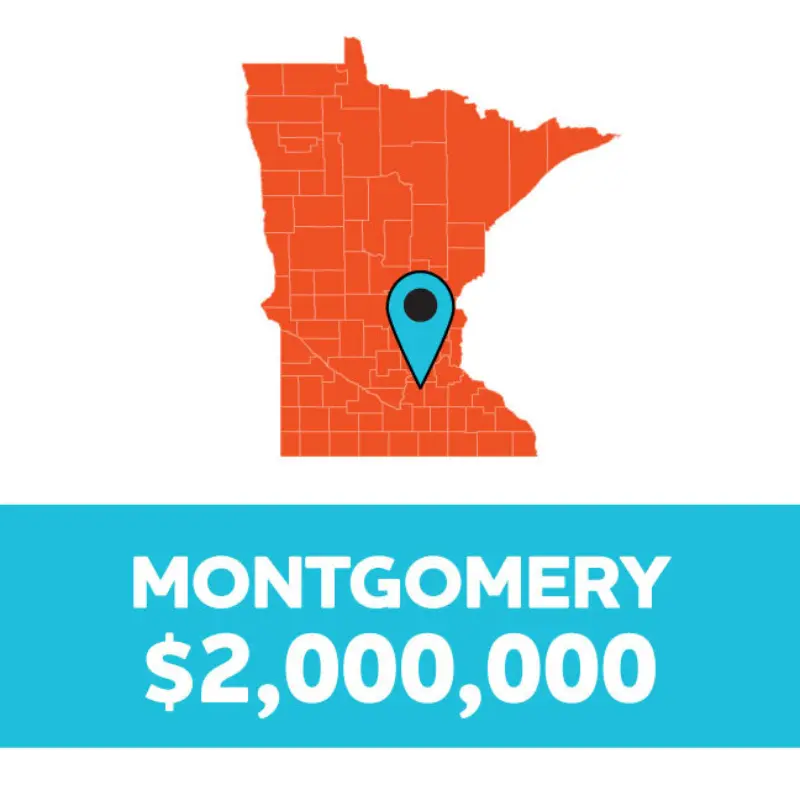 Map of Minnesota showing a $2,000,000 prize location marked with a pin over Montgomery.