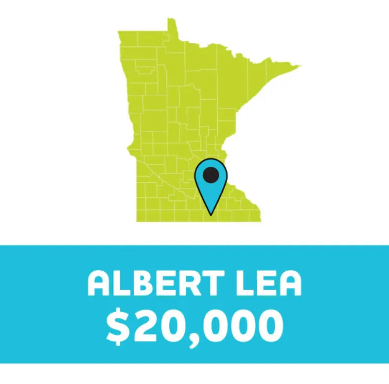 A map of Minnesota featuring a location pin over Albert Lea and the text: ALBERT LEA $20,000.