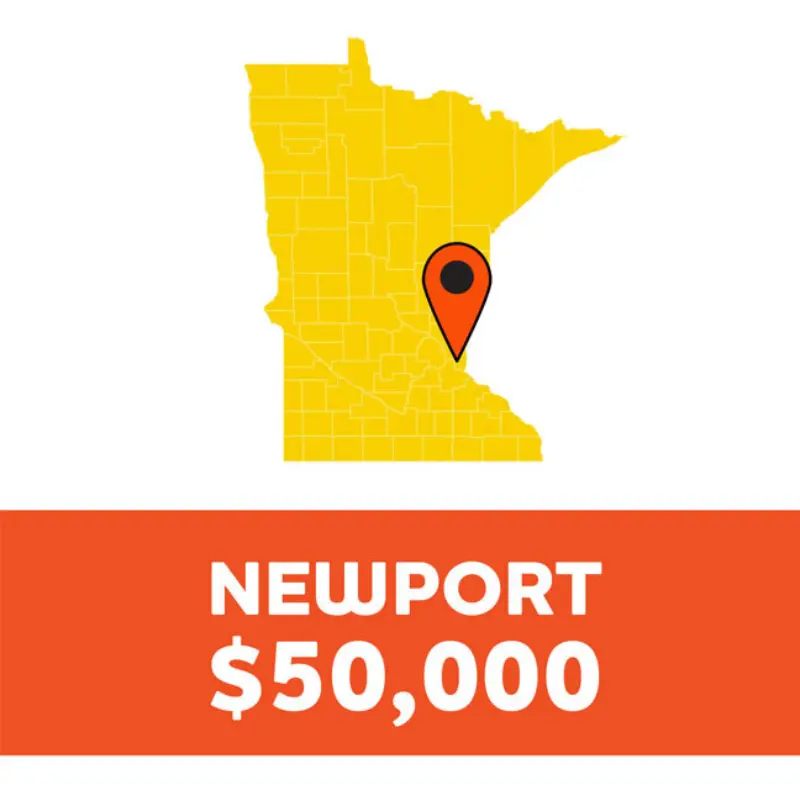 Yellow map of Minnesota with a location pin over Newport and the text NEWPORT $50,000 below.