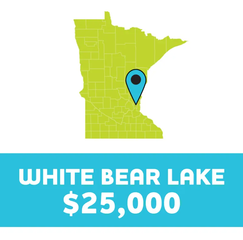 Minnesota map with a pin on White Bear Lake; below, “WHITE BEAR LAKE $25,000” in bold white text on a blue background.