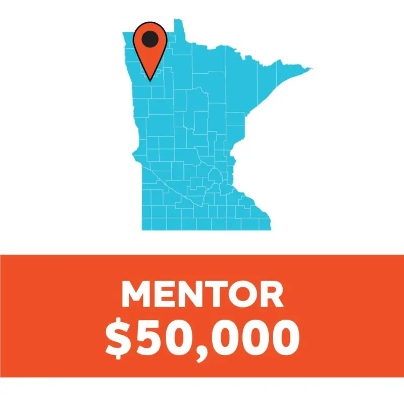 Blue Minnesota map with red pin in northwest, above bold "MENTOR $50,000" text on an orange background.