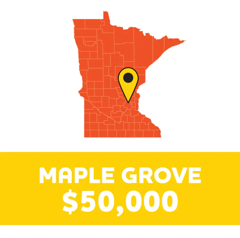 Minnesota map with yellow pin on Maple Grove; below, a yellow box reads “MAPLE GROVE $50,000” in bold white letters.
