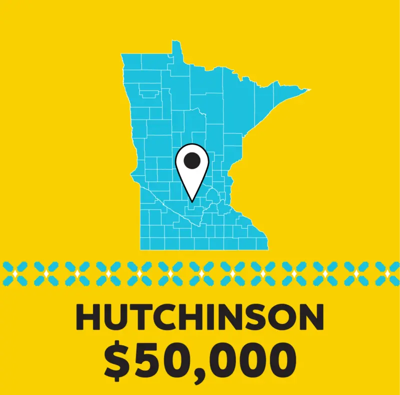 Blue Minnesota map on yellow with location pin at Hutchinson. Text: "Hutchinson $50,000." Blue pattern accents background.