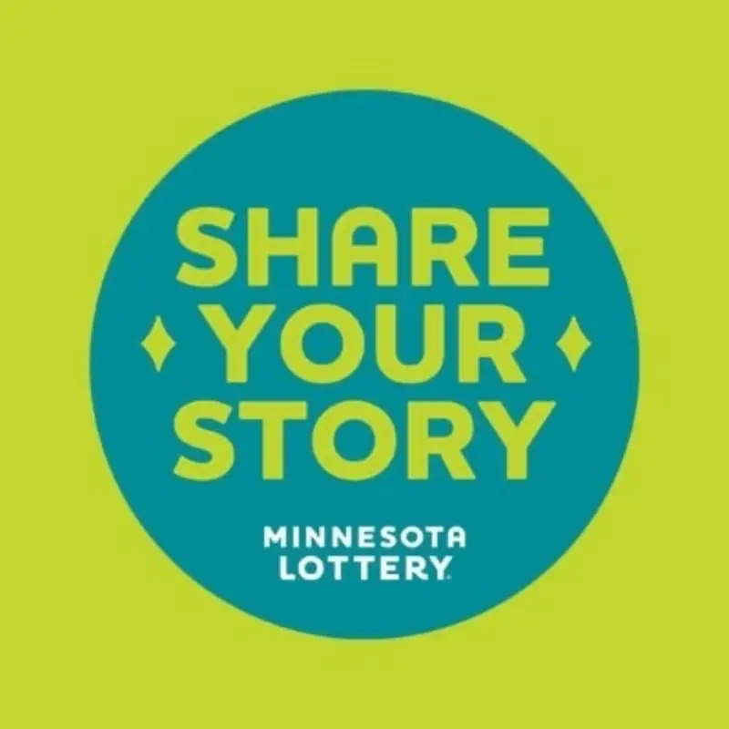 Blue circle with green text "SHARE YOUR STORY" and "MINNESOTA LOTTERY" on a bright green background.