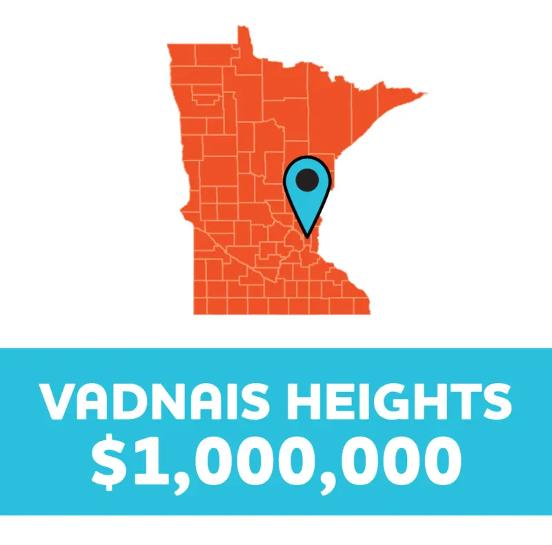 Minnesota map with a blue pin at Vadnais Heights; below, text reads: VADNAIS HEIGHTS $1,000,000 on a blue background.