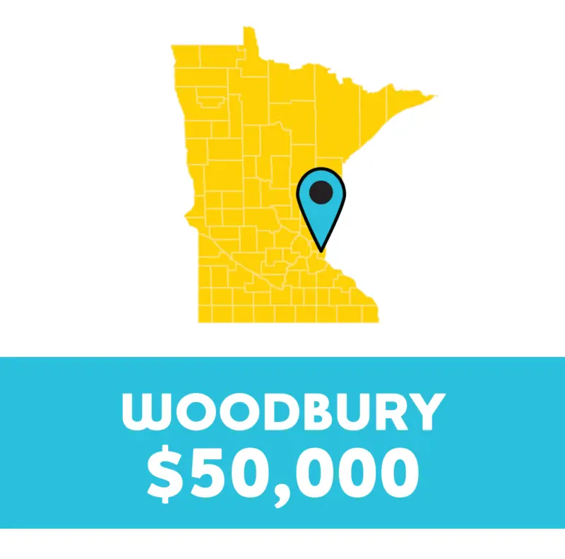 Yellow Minnesota map with blue pin at Woodbury; below, a blue banner reads "WOODBURY $50,000" in bold white letters.