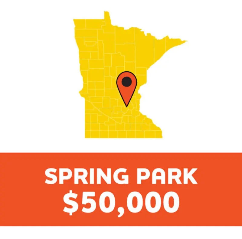 Yellow Minnesota map with central red location pin. Orange banner below reads "Spring Park $50,000" in bold white text.