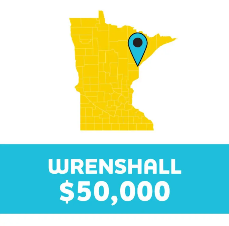 Yellow Minnesota map with blue pin in northeast; below, text reads "Wrenshall $50,000" on a blue background.