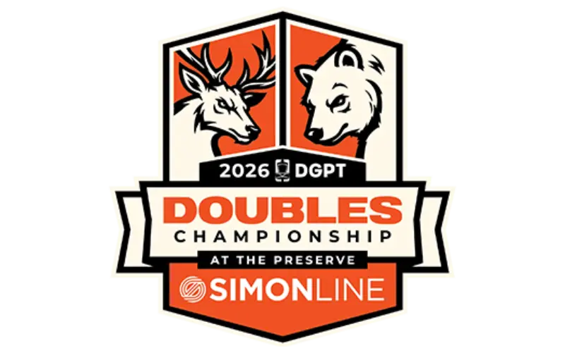 2026 DGPT Doubles Championship logo: deer and wolf heads, “Simon Line” text, orange shield background.