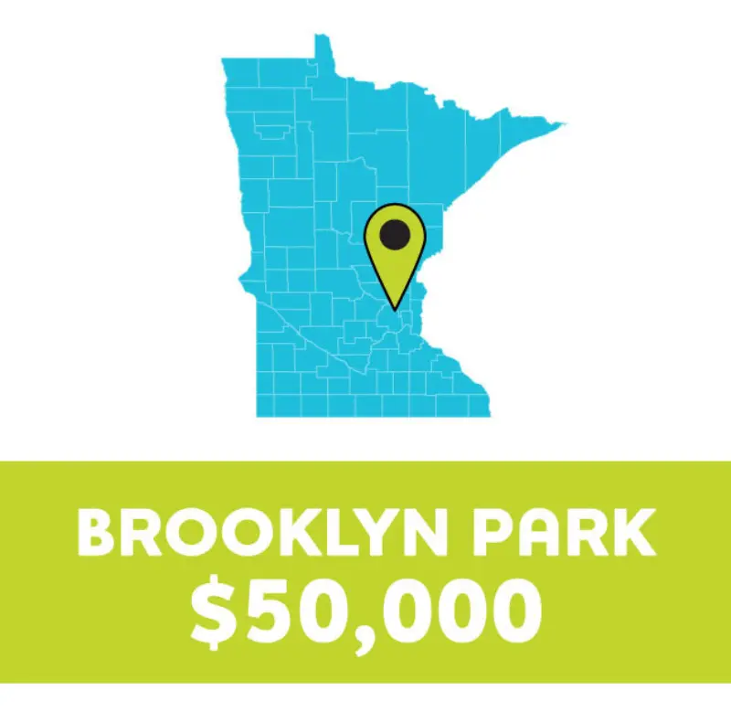 Teal Minnesota map with a location pin; below, bold text reads: BROOKLYN PARK $50,000 on green background.