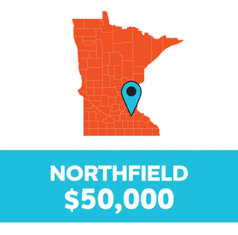 Orange Minnesota map with a blue pin on Northfield; below, text on blue background: NORTHFIELD $50,000.