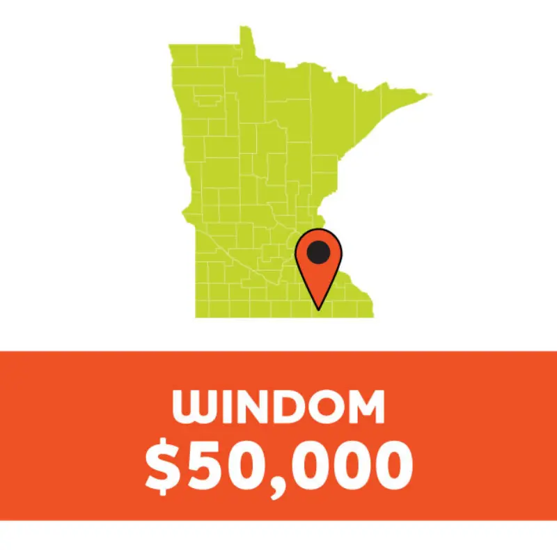 Minnesota map with a location pin over Windom and text reading WINDOM $50,000.
